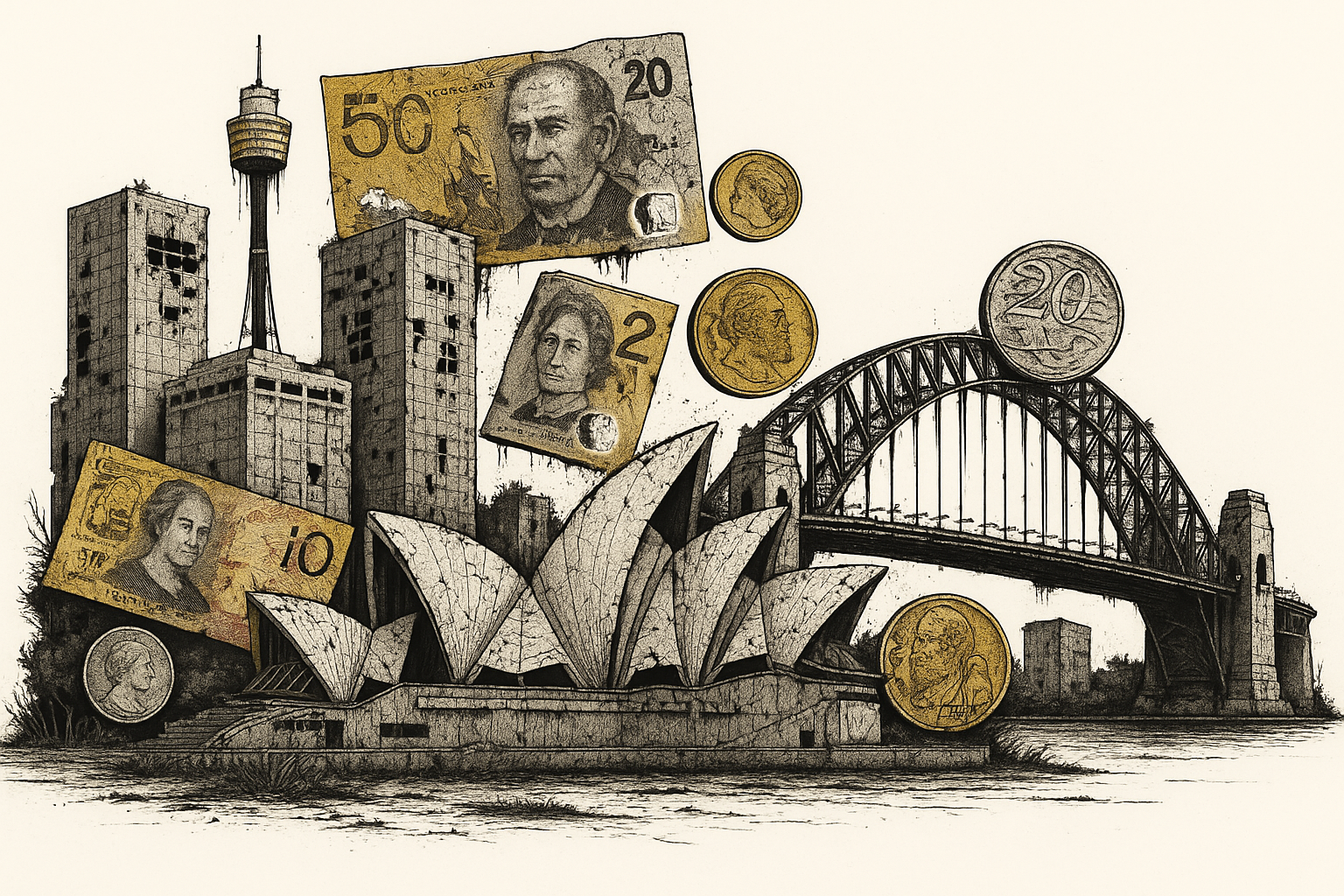 Stylised line drawing contrasting the green, thriving Sydney skyline with a decaying, polluted version representing unsustainable practices.