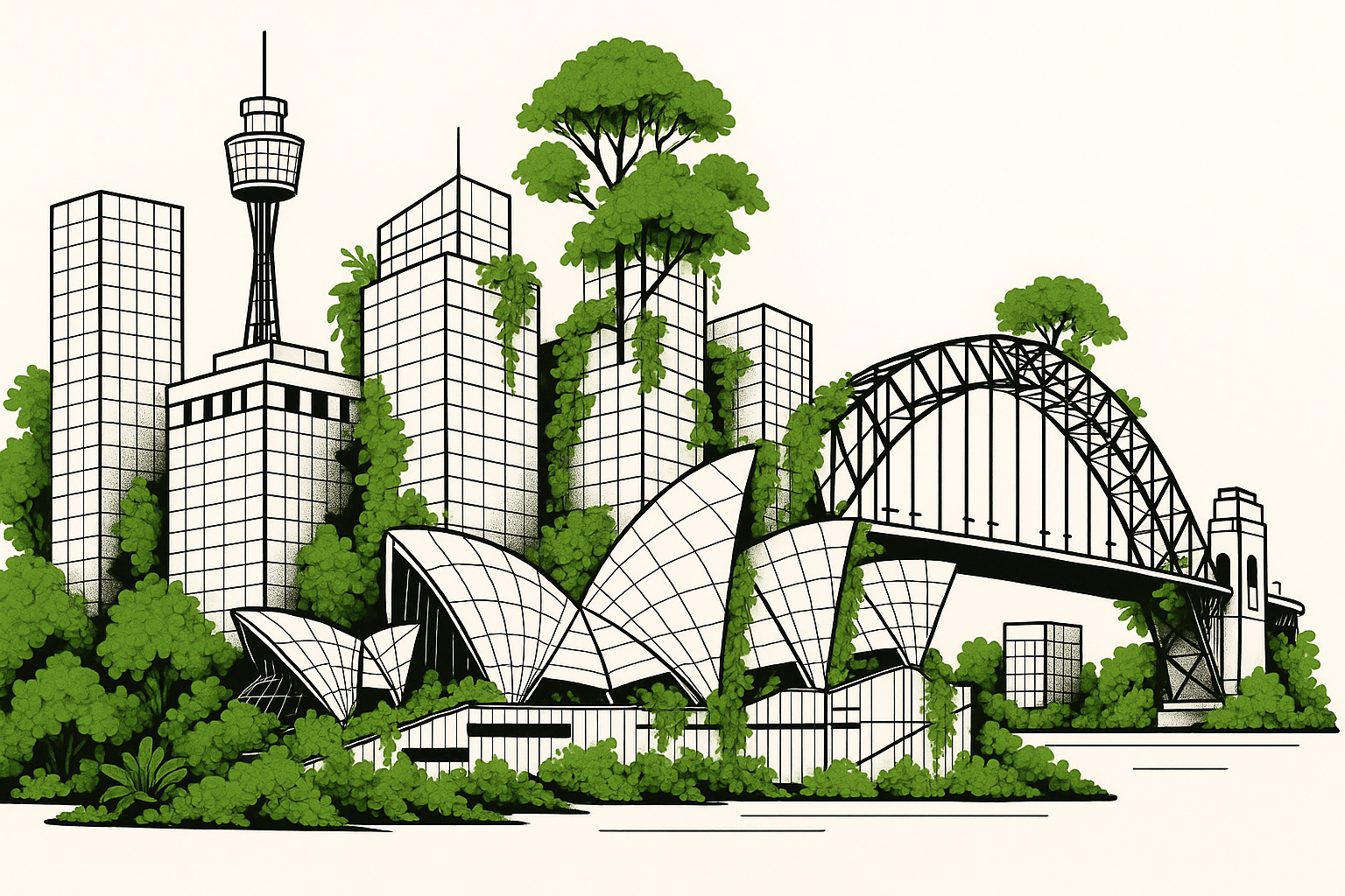 Stylised line drawing of Sydney skyline (Opera House, Harbour Bridge, Centrepoint Tower) overgrown with green foliage, representing sustainability.